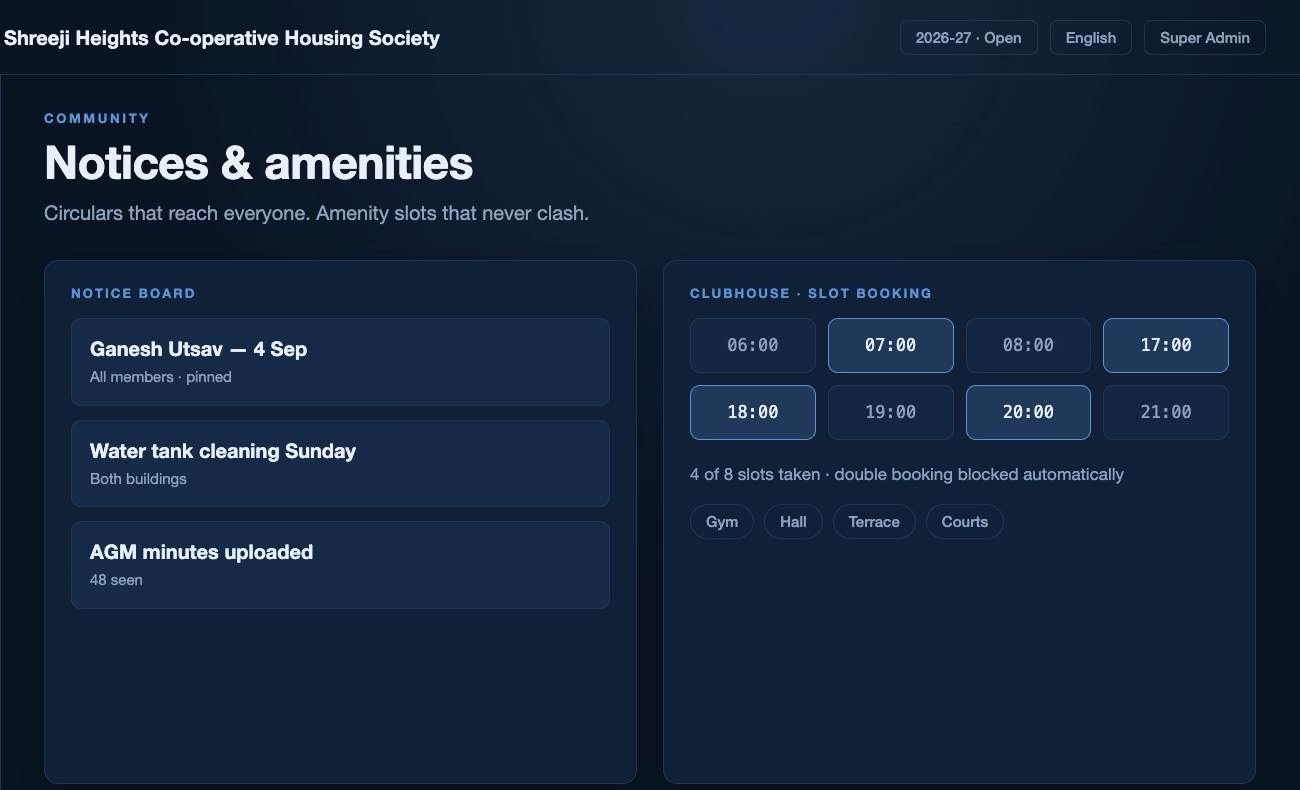 Notices & amenities in the SocietyLead committee console